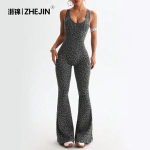 ZHEJIN 레오파드 점프수트 여성 플레어 레그 요가 롬퍼 백리스 크리스 크로스 운동복 바디수트 스크런치 힙업 짐 피트니스 웨어