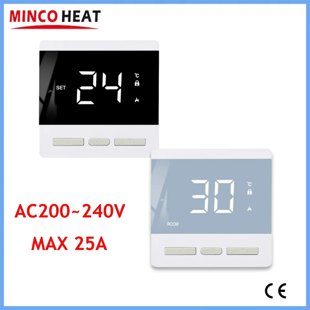 MINCO HEAT AC 220V±20% 바닥 난방실 온도 컨트롤러 최대 25A 4500W 디지털 온도 조절기(3m 프로브 센서 포함)