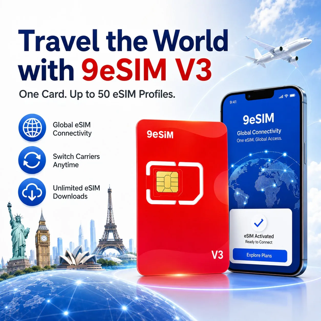 9esim V3 물리적 eSIM 카드 작성 모바일 무제한 다운로드 프로필 esim 잠금 해제된 휴대폰과 호환 STK 메뉴 지원