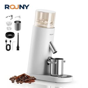 ROUNY USB-C 충전식 커피 그라인더 60단계 설정, 41mm 스테인리스 스틸 버, LED 터치, 무선 휴대용, 화이트