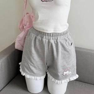 여성용 프린트 귀여운 반바지 통풍이 잘되는 얇은 버전 카와이 루즈 캐주얼 큐트코어 하의 패션 신축성 있는 허리 여름 와이드 레그 반바지