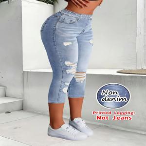 비데님 여성용 모조 데님 프린트 카프리 레깅스, 부드럽고 통기성이 좋은 슬림핏 7/8 팬츠, 캐주얼 스포츠 요가 해변 휴가