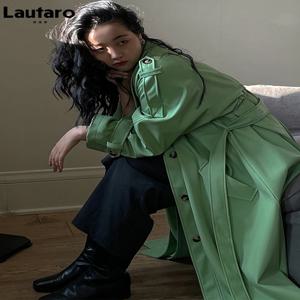 Lautaro-여성용 롱 PU 가죽 트렌치 코트, 오버사이즈, 롱, 그린, 블랙, 소프트, 라글란 슬리브, 싱글 브레스트, 패션