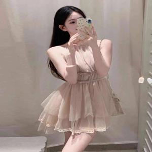 우아한 나비 매듭 네크라인 숏 드레스 여성 여름 패션 허리 조절 비대칭 스트랩리스 프린세스 스타일 드레스