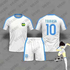 2 피스 복장 어린이 운동복 캡틴 츠바사 축구 No.10 프린트 티셔츠 + 반바지 세트 캐주얼 슈트 스포츠 아동/성인 의류