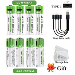AA/AAA 충전식 배터리 3000mAh/3800mAh 리튬 배터리 1.5V 일정 전압 고속 충전 타입-C 리모컨 마우스 장난감 등용