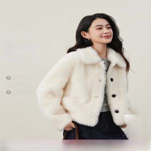 Mijia High Quali Ele Winter New Full Wool Faux Leather eepskin Collar ort Jaet 여성 패션 스트레이트 컷 롱...