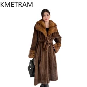 KMETRAM 최고급 천연 밍크 퍼 재킷 여성용 세이블 칼라 롱 리얼 밍크 퍼 코트 겨울 여성 의류 2026 шуба