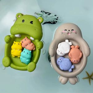 아기 목욕 장난감 세트 귀여운 동물 가족 부드러운 실리콘 수달 하마 물개 떠다니는 욕조 장난감 유아 어린이 물놀이