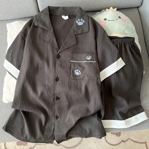 자수 패턴 남성 여름 신상 파자마 세트 한국 스타일 캐주얼 귀여운 2PCS 남성 라운지웨어 홈웨어 패션 부드러운 잠옷
