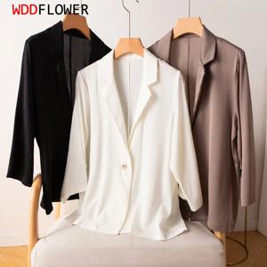 여성용 블레이저 95% 뽕나무 실크 5% 스판덱스 19 momme 블랙 화이트 원 단추 코트 재킷, 사무직 M L XL MM147