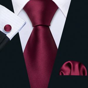 버건디 솔리드 남성용 넥타이 포켓 스퀘어 커프스 버튼 세트, 부드러운 무지 넥타이 크라바트, 남성용 웨딩 비즈니스 파티용 Barry.Wang