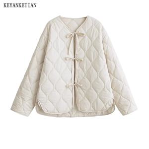 KEYANKETIAN 여성용 활 레이스업 퀼트 코튼 재킷, 레저 스타일, 비대칭 루즈, 얇은 아우터, 2024 가을, 겨울 신상
