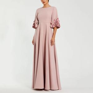맞춤형 A 라인 댄스 파티 드레스 바닥 길이 O 넥 하프 슬리브 이브닝 가운 패션 꽃 간단한 Draped 캐주얼 파티 드레스