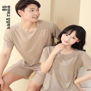 커플 아이스 실크 잠옷 세트 여성 여름 얇은 반팔 긴바지 남성 홈웨어 라운드넥 루즈핏 시원한 느낌