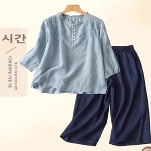 자수 코튼 린넨 7부 소매 셔츠 여성 여름 의상 와이드 레그 팬츠 투피스 세트 트렌디 캐주얼웨어