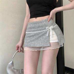 Kumikumi 스위트 레이스 패치 워크 미니 스커트 하이 웨이스트 A 라인 여성용 여름 스커트 나비 매듭 캐주얼 짧은 스커트