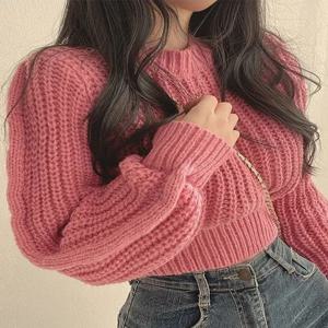디자인 센세이션 라운드넥 풀오버 스웨터 여성용 숏 스타일 니트탑 슬림핏 여름 신상품 스몰 사이즈