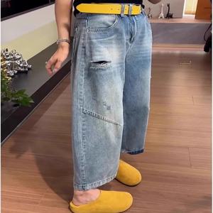 플러스 사이즈 하이웨이스트 데님 청바지 여성용 봄 여름 신상 루즈핏 와이드 레그 9부 바지 찢어진 디자인으로 허리 라인을 가려주는 바지