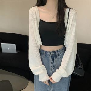 여름 얇은 루즈핏 단색 니트 스웨터 여성용 신상 숏 스타일 자외선 차단 속이 비치는 스웨터 숄 탑