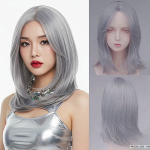 내열성 합성 회색 코스프레 보브 가발 중간 가르마 짧은 스트레이트 어깨 길이 가발 (패션 남녀용)