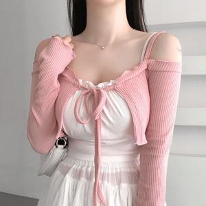 패션 핑크 섹시 여성 오프숄더 레이스업 코트 한국 봄 여름 신상 스윗 가디건 숏 슬림 스웨터 스트랩 크롭탑