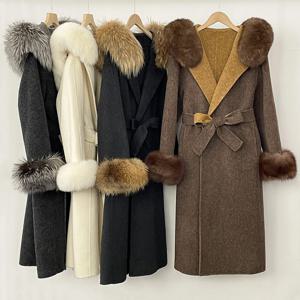 OFTBUY 여성용 울 코트 리얼 퍼 재킷 여성 패션 롱 울 재킷 후드 의류 여성 벨트 리얼 폭스 퍼 코트 울