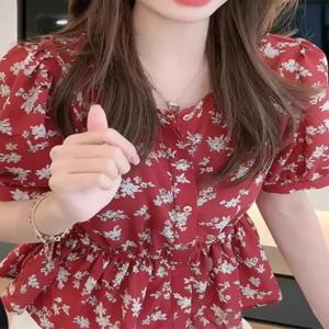 경량 통기성 플로럴 쉬폰 셔츠 라운드 넥 반팔 여성 여름 신상 루즈핏 자외선 차단 페이스 마스크
