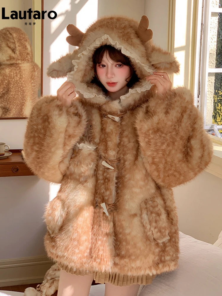 라우타로 가을 겨울용 두꺼운 따뜻한 스윗 귀여운 레이스 패치워크 인조 퍼 코트 후드 여성용 사슴 귀 버튼 장식 푹신한 재킷