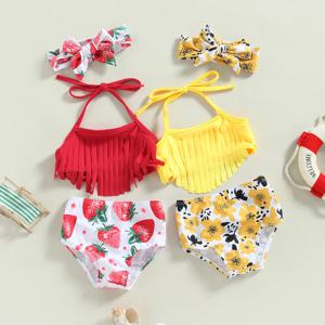 Yiiciovy-유아 여아 수영복 비키니 세트 태슬 탑, 딸기/꽃 프린트 반바지 + 머리띠 수영복, 수영복, 3 피스