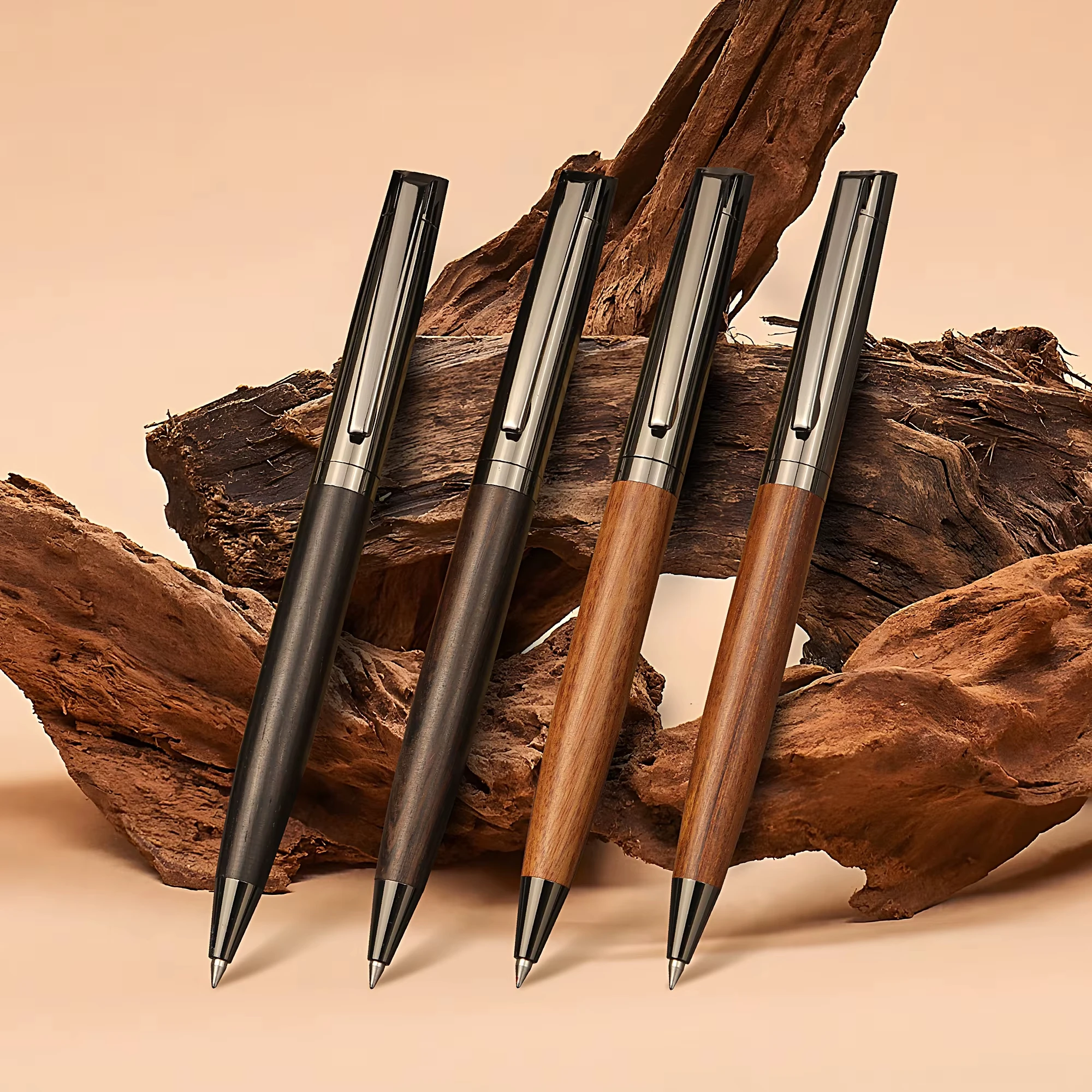 부드러운 필기감과 고급 디자인을 위한 나무 몸체의 프리미엄 금속 볼펜 1세트 - 검정 잉크 - 사무용