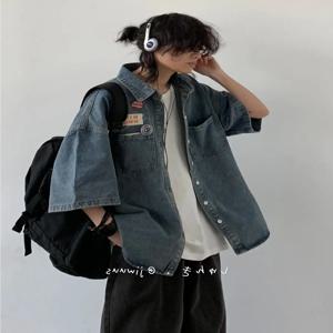 American Cityboy 워시 데님 반팔 셔츠 남성용 다목적 루즈 피팅 셔츠 데님 자켓 트렌디 코트