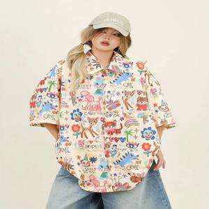 느슨한 캐주얼 그래피티 스트리트웨어 셔츠 여성 여름 새로운 스타일 작은 디자인 트렌디한 루즈 셔츠 아메리칸 스트리트 펀 페인팅