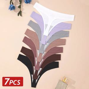 7PCS/세트 아이스 실크 무봉제 여성 G-스트링 팬티 섹시한 로우 웨이스트 끈 팬티 T-백 여성용 단색 부드러운 속옷 초박형 팬티