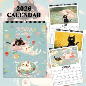 1개, 2026 사랑스러운 힐링 블랙 캣 시리즈 벽걸이 달력, 고양이 달력, 12가지 디자인, 벽걸이 달력, 생일, 크리스마스