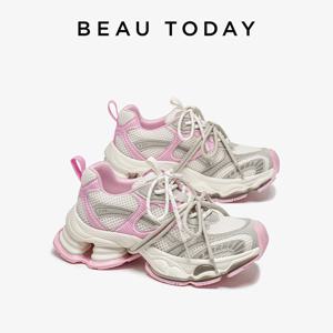 BEAUTODAY Chunky sneakers 여성 합성 가죽 메쉬 혼합 색상 라운드 발가락 레이스 업 스포츠 트레이너 숙녀 신발 수제 29A51
