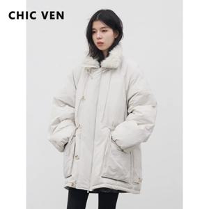 CHIC VEN 신상 여성 중간 길이 다운 코트 솔리드 루즈 캐주얼 신상 여성용 따뜻한 화이트 덕 다운 재킷 가을 겨울 2026