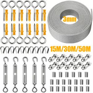 3mm 스테인레스 스틸 와이어 로프 PVC 코팅 15/30/50M 울타리 안전 보호용 케이블 서스펜션 키트 텐트 차양용
