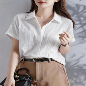 여성 캐주얼 화이트 블라우스, 반팔 V넥 셔츠, 비즈니스 오피스 워크웨어, 통기성 있는 텍스처 블라우스