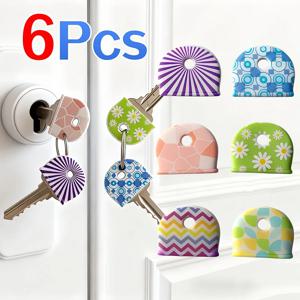 6Pcs 실리콘 키 식별자, 둥근 꽃 라인 패턴, 미끄럼 방지 키 보호 커버, 가정용 내구성 키 체인 액세서리