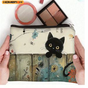 HOMEFISH 검은 고양이 꽃무늬 지퍼 파우치 - 내구성이 뛰어나고 색이 바래지 않는 화장품 가방, 자매, 친구, 고양이 애호가를 위한 선물 |   활기찬
