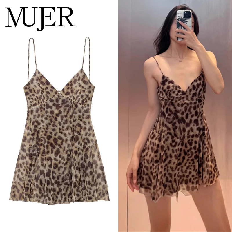 MUJER 2025 튤 미니 드레스 여성 레오파드 프린트 슬립 드레스 여성 섹시 백리스 숏 드레스 여성 드레이핑 파티 드레스