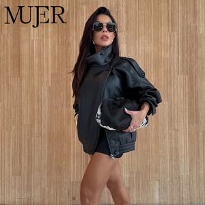 MUJER 여성용 블랙 봄버 재킷 오피스용 인조 가죽 여성 재킷 스냅 버튼 겨울 코트 여성용 외투