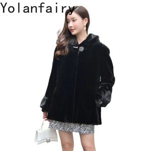 YOLANFAIRY 고품질 스플라이싱 밍크 리얼 퍼 코트 후드 포함 여성용 겨울 천연 밍크 퍼 자켓 중간 길이 블랙 퍼 코트