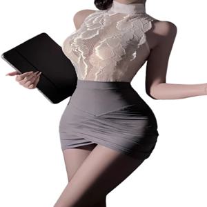 여성 섹시 란제리 스튜어디스 의상 비서 레이스 유니폼 세트 전문 역할극 엉덩이 가리개 스커트 유혹적인 속이 비치는 디자인