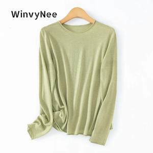 WinvyNee 여성용 울 소재 심리스 니트 크루넥 플레인 긴팔 봄 가을 경량 피부 친화적인 풀오버 A1757019A