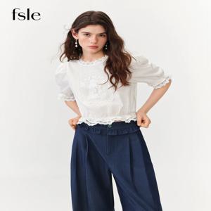 FSLE 프랑스 레트로 퍼프 반소매 라운드 넥 블라우스 여성용 여름 우아한 인스 시크 크롭 탑 코튼 화이트