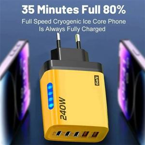 2USB+3타입C 240W GaN 데스크탑 휴대폰 충전기 멀티 포트 퀵차지 3.0 어댑터 LED 라이트 포함 (아이폰, 삼성, 화웨이, 샤오미용)