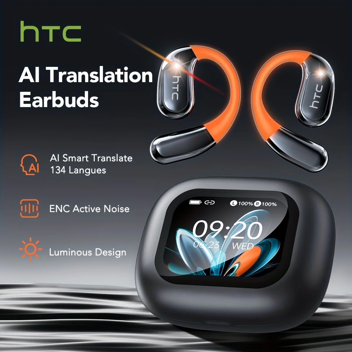 HTC NE27 무선 헤드폰 Bluetooth 5.4 AI 번역기 이어 버드 빛나는 귀고리 업그레이드 된 LCD 터치 스크린 ENC 소음 감소