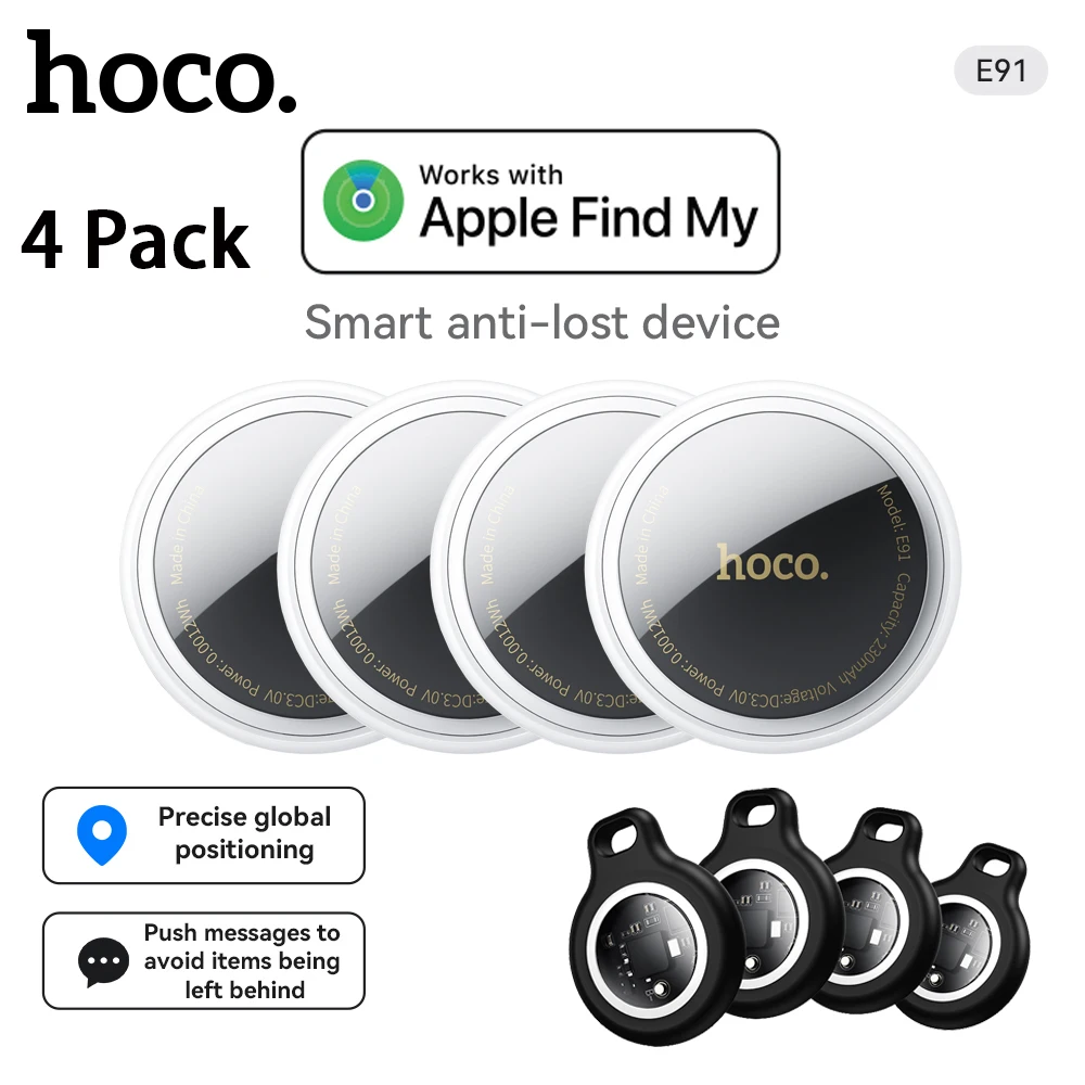 HOCO 4팩 분실 방지 장치 에어태그 애플 IOS 시스템용 GPS 위치 추적기 지갑 열쇠고리 자동차 애완동물 찾기 보호 케이스 포함